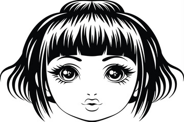 Black and white manga girl with short, styled hair presents a kissy expression