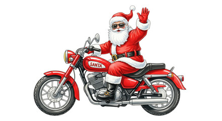 Santa Claus riding red motorcycle waving cheerfully wearing classic red suit black boots sunglasses white beard festive holiday spirit isolated on white background
