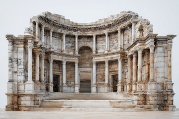 Obraz premium Ancient stone ruins, a semicircular facade with arches, columns, and steps, set against a plain white background
