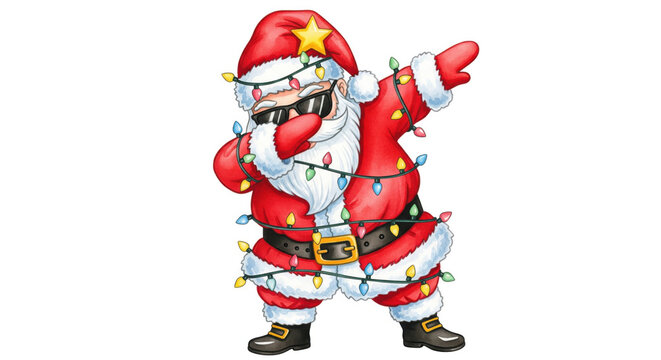 Santa Christmas holiday cartoon dabbing festive lights winter celebration cheerful red suit white beard sunglasses costume decoration fun humor dance pose illustration character happy tradition