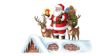 Santa Claus holding gift box with glowing light, standing on snowy rooftop with two reindeer, carrying green sack filled with colorful presents, cheerful holiday scene