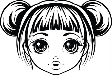 Cute young girl with pigtails, bangs, and big eyes shows an endearing expression
