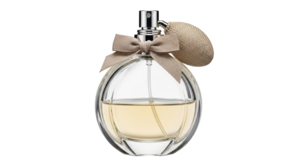 Isolated elegant perfume bottle with bow and atomizer on a bright surface, luxury fragrance