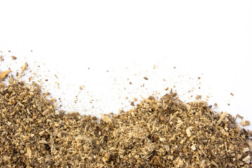 Wood sawdust isolated on white background, top view. 
