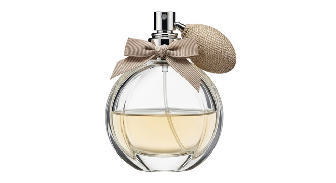 Isolated elegant perfume bottle with bow and atomizer on a bright surface, luxury fragrance