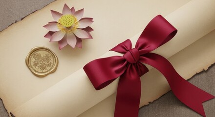 Elegant parchment scroll tied with a burgundy ribbon featuring a lotus flower and gold wax seal perfect for wedding invitations and luxury