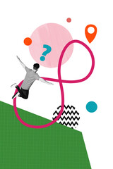 Vertical photo collage of unsure anonym man jump question mark dilemma hesitation geolocation...
