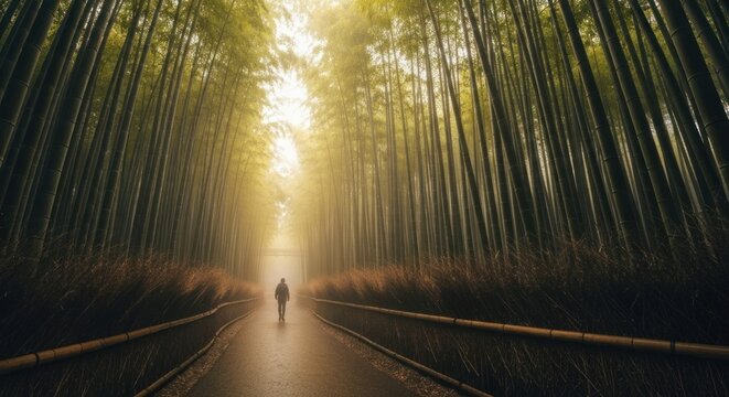 A solitary figure walks a path through a dense bamboo forest, bathed in soft, golden light