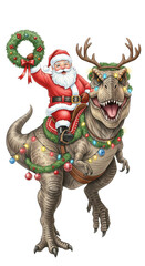 Obraz premium Santa Claus dinosaur Christmas wreath holiday festive lights garland reindeer antlers cheerful fantasy winter celebration costume joy humor illustration decoration creative unique happy magical