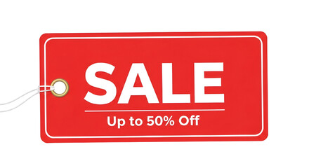 Red sale tag with message "SALE Up to 50% Off" isolated PNG with Transparent Background