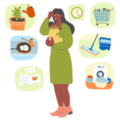 mom with baby in doodle style.Illustration for banner postcard design print sticker poster background