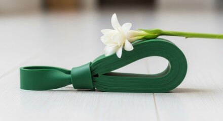 Green resistance band with white flower showcasing fitness and wellness perfect for health and lifestyle blogs
