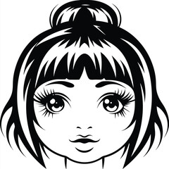 Illustrated girl face with large eyelashes shows a minimalist monochrome style with bun hair