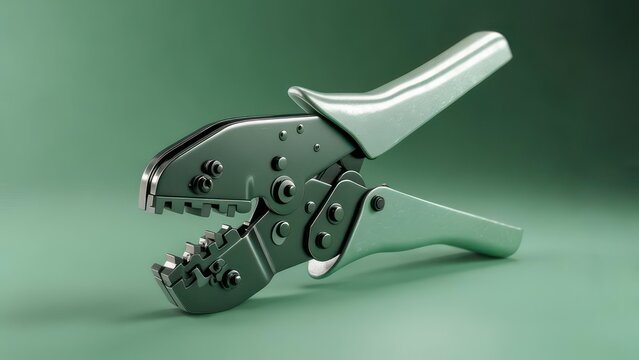 A metallic, silver and black crimping tool with ergonomic handles rests on a muted green background. Its jaws are open, displaying its intricate mechanism for connecting wires