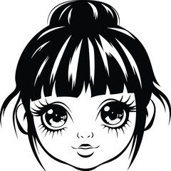 Frontfacing monochrome portrait features a stylized young female with bold black hair in a bun