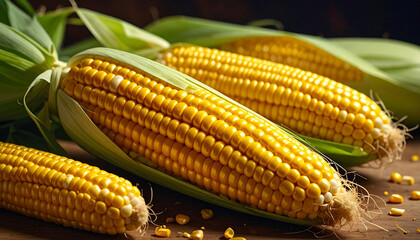 Fresh Corn on the Cob Still Life: A Rustic Display of Harvest Bounty, Vibrant Yellow Corn Cobs in a Natural Setting: A Celebration of Autumn's Harvest