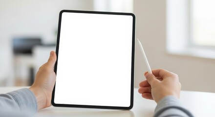 Hands holding tablet with stylus and blank screen showcasing modern technology perfect for website and app design mockups
