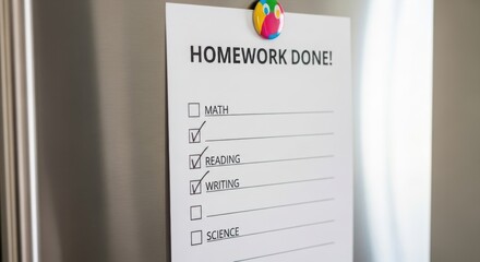 Homework checklist on fridge showcasing completed tasks with colorful magnet perfect for education and back to school themes