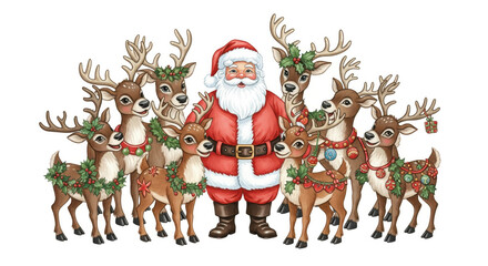 Santa Claus surrounded by eight reindeer, all decorated with festive wreaths, ornaments, and holly, standing together joyfully on white background