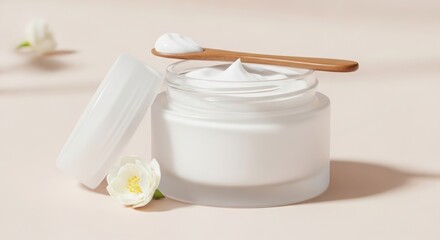 Luxurious face cream in glass jar with wooden spatula featuring jasmine flowers perfect for beauty and skincare advertising