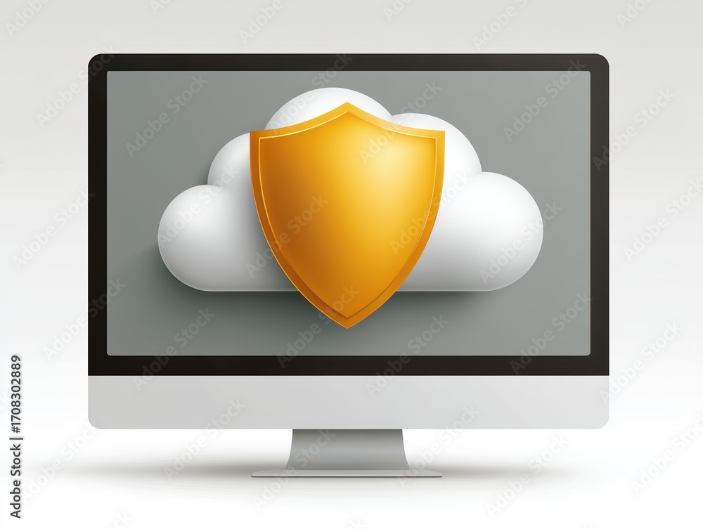 Poster cybersecurity shield protecting digital data on a modern computer, enhanced security measures