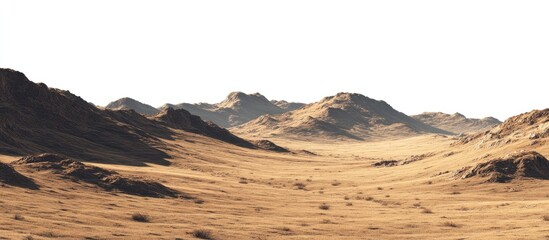 A vast, arid landscape stretches across the foreground, with low, rolling hills and mountains in the distance.  A flat, light tan-colored desert floor occupies the foreground