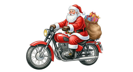 Santa Claus motorcycle Christmas gift holiday red festive winter cheerful cartoon Santa Claus rides red motorcycle carrying sack of gifts spreading holiday cheer and joy