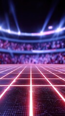 Futuristic arena with glowing grid floor and blurred spectators, bathed in neon light for an electrifying vibe.