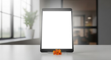 Modern tablet mockup with blank screen featuring an orange flower on a white table perfect for website and app presentations