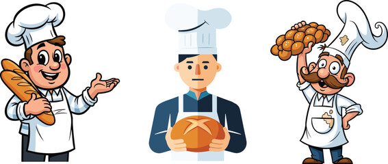 Cartoon and flat style bakers holding fresh bread, bakery chef characters with loaf, artisan bread, and cooking attire for design