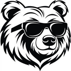Black and white bear head wearing sunglasses is presented with bold, styling