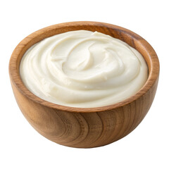Greek yogurt in wooden bowl isolated on white background.