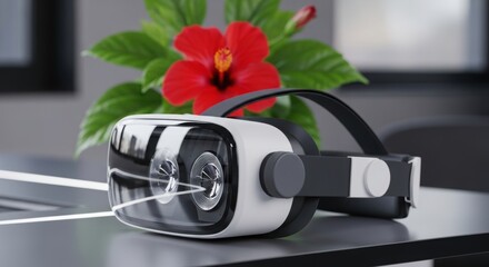 Modern VR headset rests on a table near a vibrant red hibiscus flower showcasing cutting edge technology perfect for virtual reality