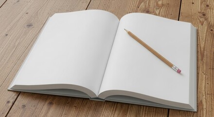 Open blank notebook with pencil on wooden table perfect for education stationery and back to school projects