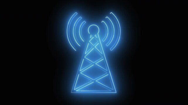 Glowing blue neon telecommunication tower broadcasting wireless signals. A futuristic concept for network connectivity and data transfer