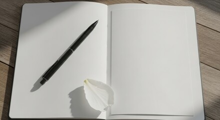 Open notebook with a black pen and white flower petal showcasing a clean minimalist aesthetic perfect for branding and stationery design
