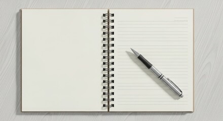 Open spiral notebook with a silver pen resting on lined pages perfect for education stationery and office supplies marketing