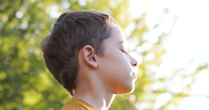Young boy in summer park, eyes closed now. Face turns to sun, slow inhale, soft exhale. Wind moves hair, soft bokeh glows. Calm profile portrait shows stress relief. Nature setting supports wellbeing.