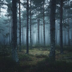 Fototapeta premium A forest filled with tall thin trees with a foggy dark atmosphere and a ground covered with moss and undergrowth