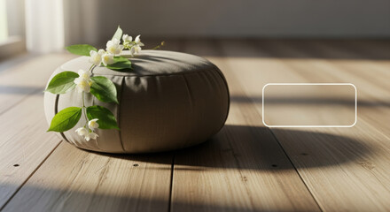 Serene meditation cushion with jasmine flowers on light wood floor perfect for wellness and spa branding