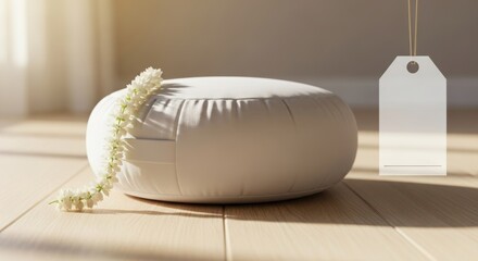 Serene white meditation cushion with delicate white flower garland showcasing a minimalist zen aesthetic perfect for wellness and spa