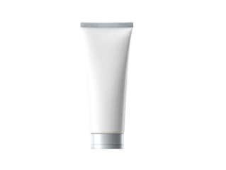 A vertical, white tube-shaped cosmetic container.  It's smooth, with a slightly raised top and bottom.  A subtle, light gray/silver band rims the top and bottom of the tube.  Clean, simple design