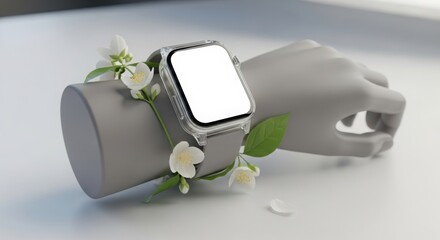 Smartwatch mockup showcasing a clear case with jasmine flowers on a mannequin wrist perfect for technology and spring advertising