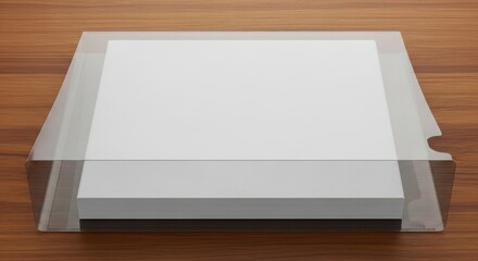 Stack of white papers in a clear plastic portfolio showcasing a clean and organized presentation perfect for office supplies and corporate