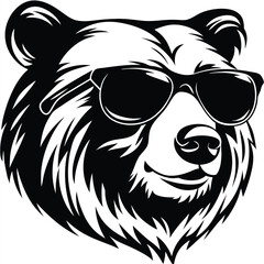 Black bear gazes confidently, shielded by dark sunglasses in this bold monochrome graphic