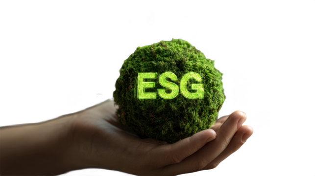 Green Moss Ball with ESG Letters Surrounded by Digital Icons and Symbols Representing Sustainability and Eco-Friendly Concepts