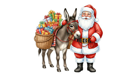 Santa Claus standing next to smiling donkey carrying large basket filled with colorful wrapped gifts, festive holiday scene, cheerful and joyful Christmas illustration