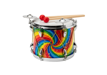 A vibrant rainbow-hued drum, featuring a swirling design, stands out against a plain black background.