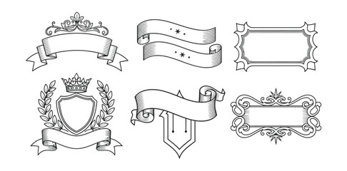 A collection of six decorative vector elements including banners frames and a shield with a crown vector illustration