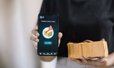 Customer using smartphone app to claim return for damaged package with parcel box icon